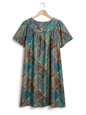 Teal Patterned Short-Sleeve Women’s House Dress Stretchy